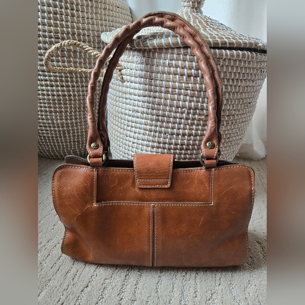 Patricia Nash Rienzo Satchel Handbag Full Grain Cognac Leather Vintage Style - Picture 4 of 16
